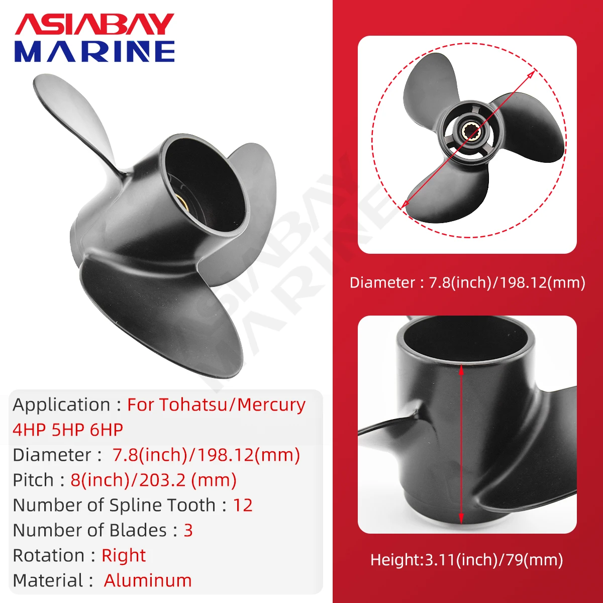 Outboard Propeller For Tohatsu Mercury 4hp 5hp 6hp 7.8*8 Boat Aluminum Alloy Screw 3 Blade 12 Spline Ship Marine Engine Part