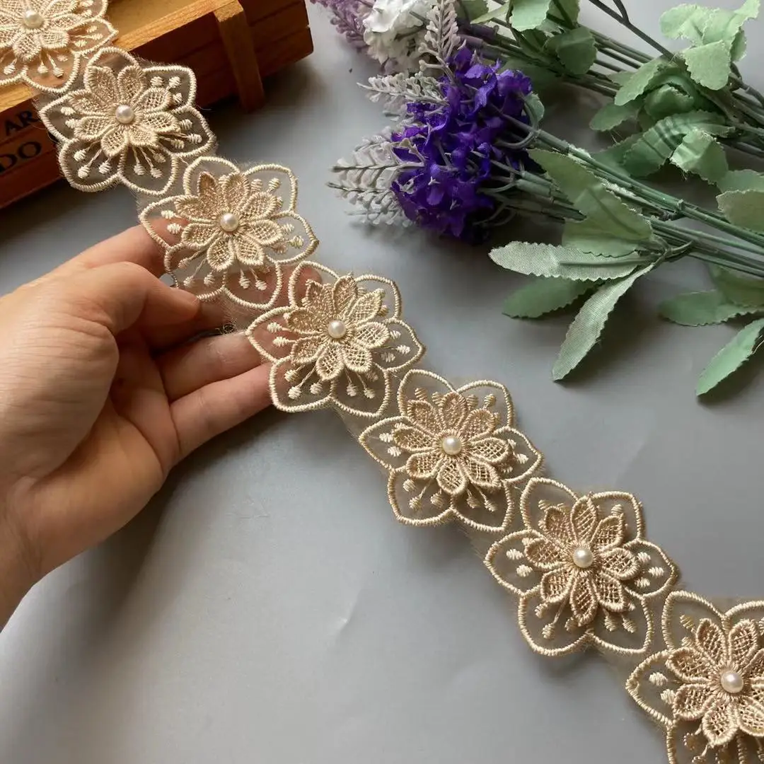 2 Yard Gold Pearl Lace Double Flower Embroidered Trim Ribbon Patchwork DIY Handmade Dress Wedding Sewing Supplies Craft 5.5 cm 2