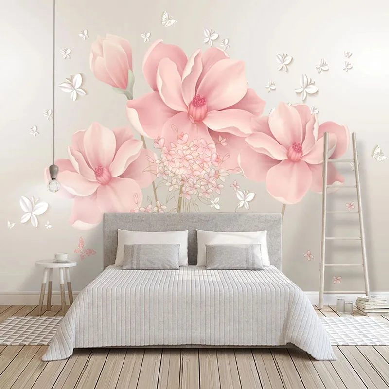 

Modern Pink Flowers Butterfly Photo Wallpaper 3D Romantic Home Decor Living Room TV Sofa Bedroom Fresco 3D Waterproof Stickers