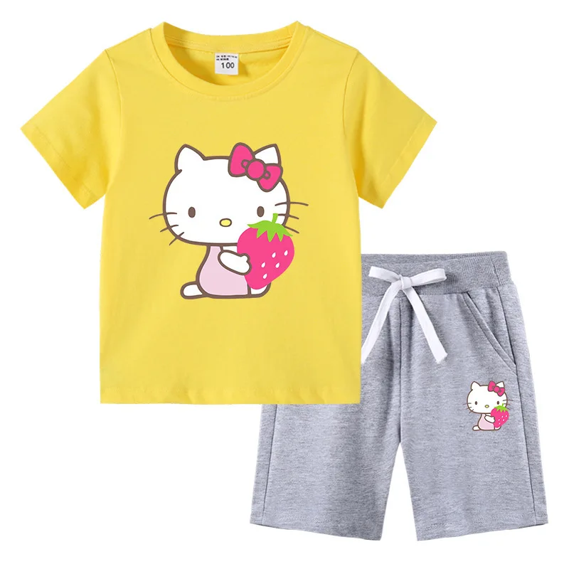 

Hello Kitty Summer Cartoon Print T-shirt + Casual Pants Children's Cotton Short-Sleeved Two-Piece Suit Boys And Girls Can Wear