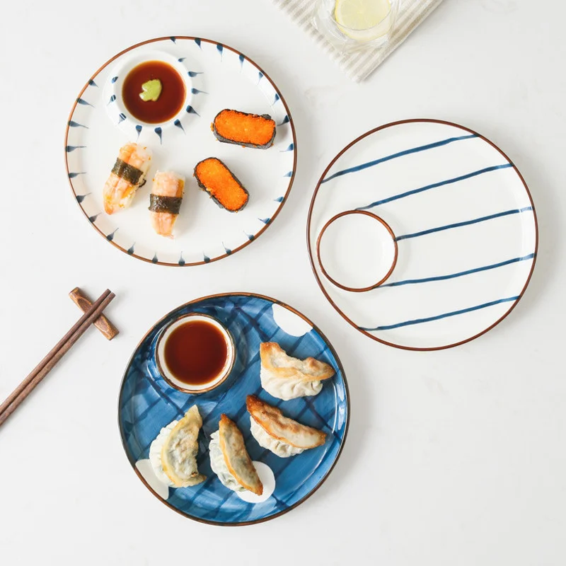 

Japanese style Creative ceramic plate hand-painted round dumpling plate household food plate sushi plate grid dinner plates