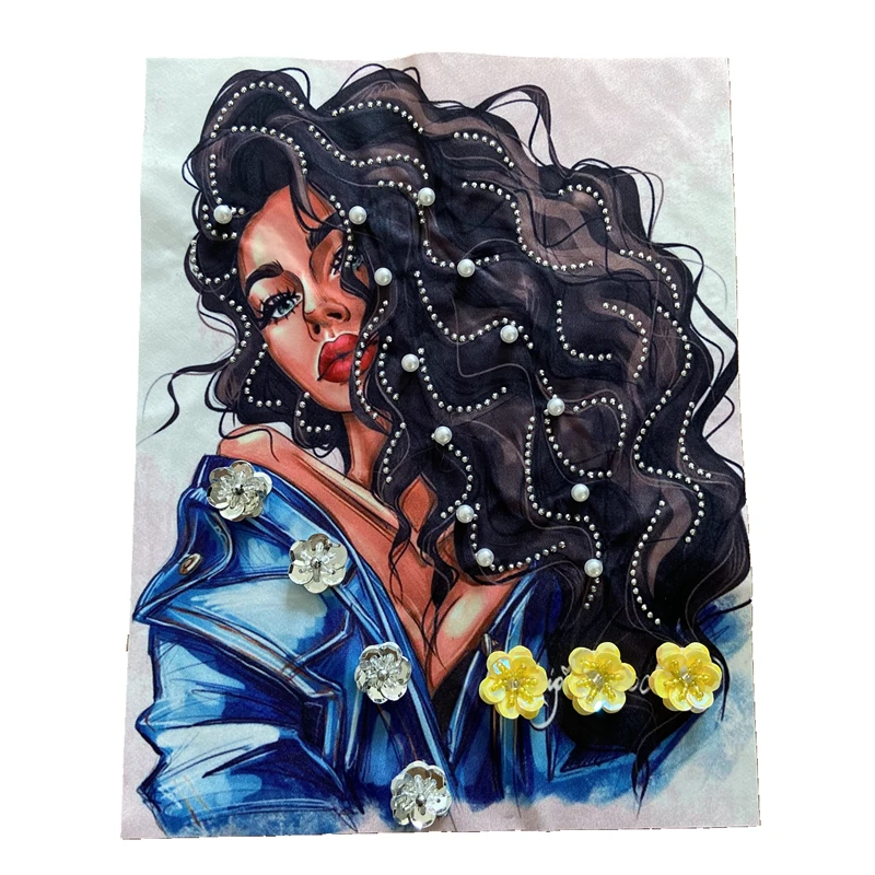 2023 New 3D Printed African Women Heat Transfer Printing Patches for Clothes Jacket Handmade Flower Beaded Black Lady Appliques