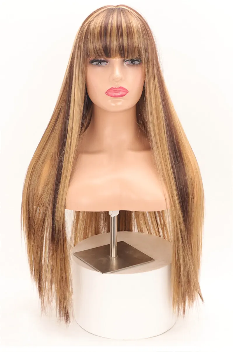 30 Zoll P4/27 Synthetische Perücke mit Pony, lange glatte Haarperücken für Damen, glatte, natürliche schwarze Perücken im Angebot, Piano-Farbperücke für Frauen – Detail 2