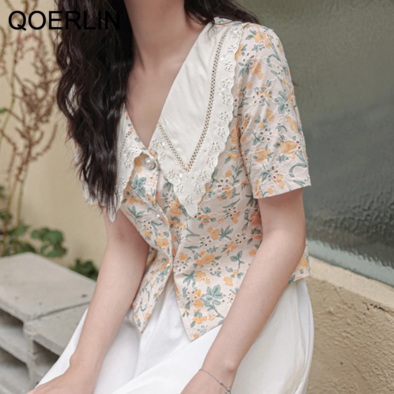 QOERLIN Printed Blouse Female 2022 Summer Women\'s Blouse Korean Polka Dot Short Sleeve Hollow Out Shirt Cropped Tops