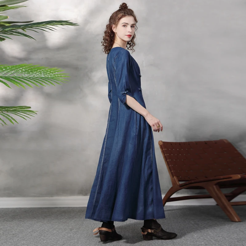 Dress For Women 2021 Yuzi.may Boho New Denim Dresses O-Neck Half Sleeve Vintage Embroidery Frog Knot Vestido Feminino A82362