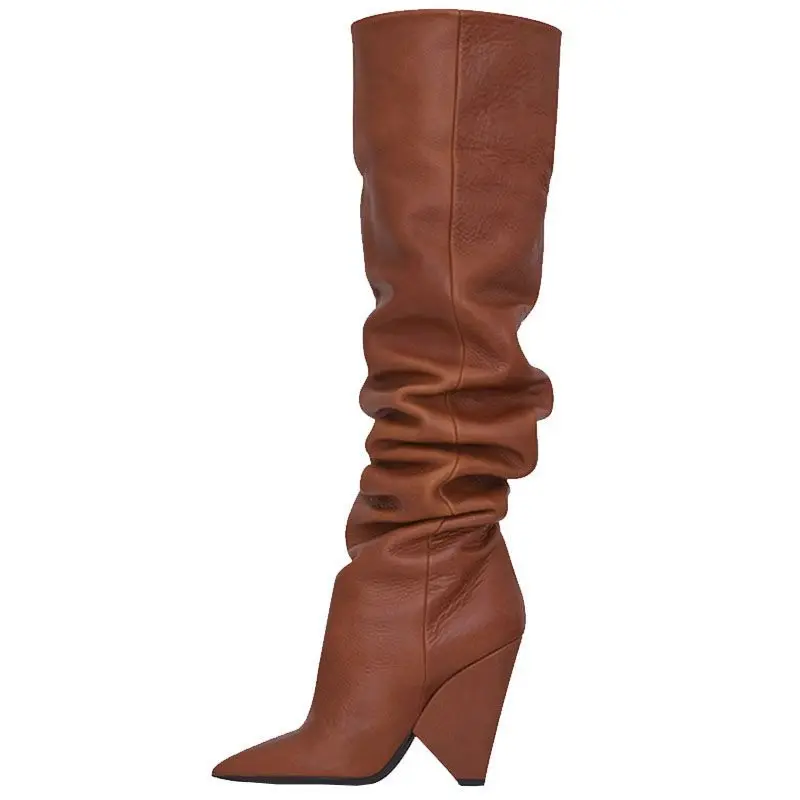 New Pointed Toe Spike Heels Folds Leather Thigh High Boots Sexy Slip-On Over The Knee Boots For Women Fashion Winter Boots Women