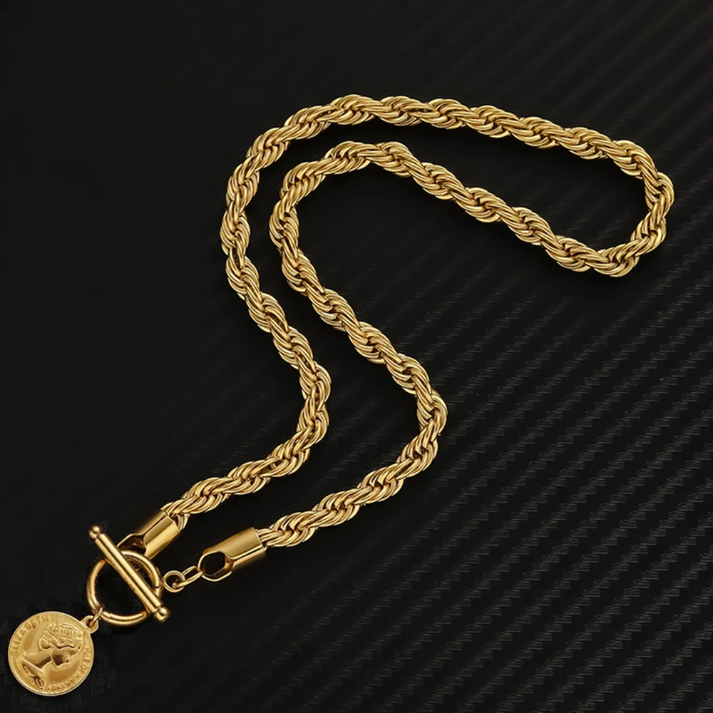 Edelstahl-Seilkette mit Münzanhänger für Damen, OT-Verschluss, Schlüsselbein-Halskette, 6 mm Breite – Detail 2
