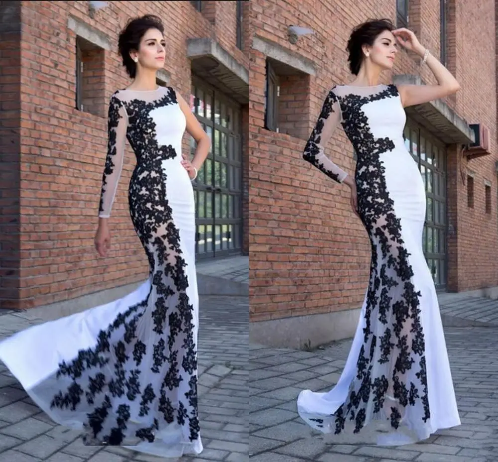 Abito da sera Sexy 2023 elegante sirena musulmana trasparente maniche lunghe Appliques pizzo una spalla Prom abiti da festa Robe De Soiree