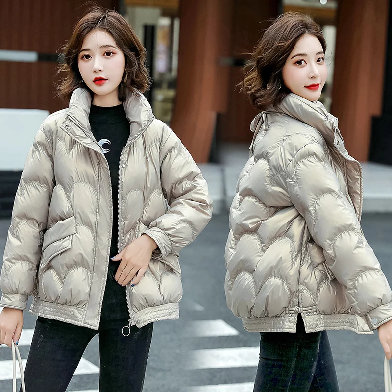 

Nice Winter Glossy Bright Bubble Coat Women Casual Stand Collar Zipper Short Parkas Solid Thick Female Cotton Padded Jacket