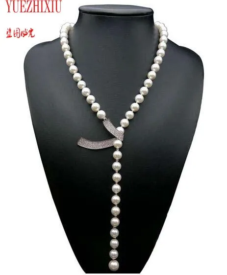 10mm sea shell pearls necklace-cz micro pave connector necklace sweater chain long