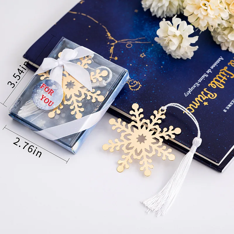 20pcs Hollow Snowflake Gold Metal Bookmark White Tassels For Wedding Christmas Baby Shower Party Birthday Favor Gift Souvenirs