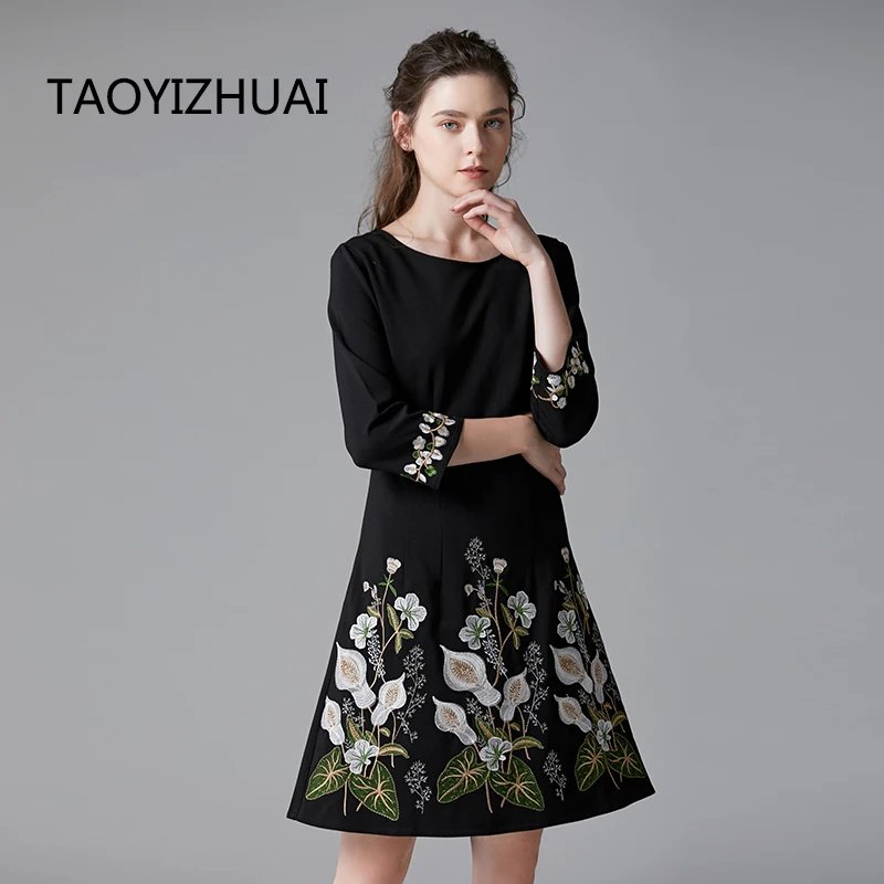 TAOYIZHUAI autumn arrival  a line casual style women dress  o neck floral print above knee luxury elegant party big size  14310