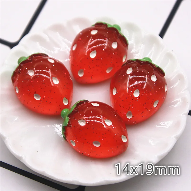 10pcs Shiny Strawberry Fruit Resin Flat back Cabochon Miniature Food Art Supply Decoration Charm Craft 14x19mm