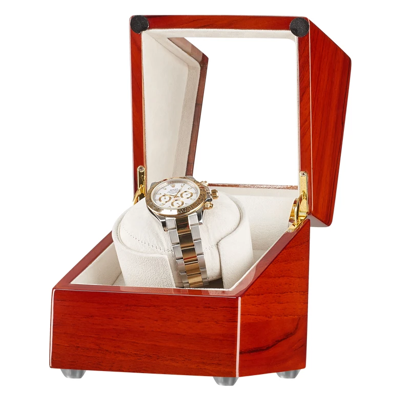 JQUEEN Single Watch Winder with Quiet Motor Applewood White PU Leather Interior