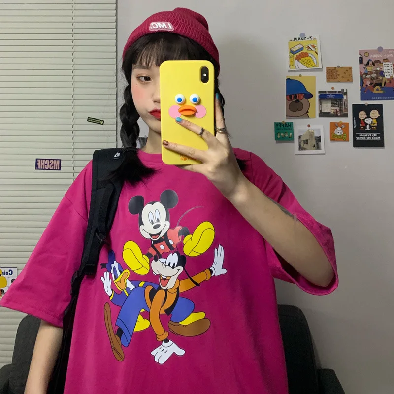 Cartoon Cotton Mickey Mouse and Friends Loose Mid-length Women T-shirt Harajuku Shirt Korean Clothes Womens Clothing Harajuku