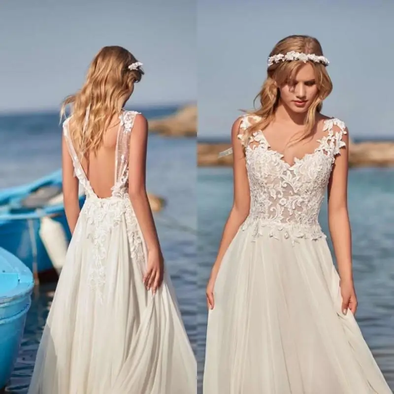 Vestidos de novia de estilo campestre, vestidos de novia de talla grande con escote en V y espalda descubierta