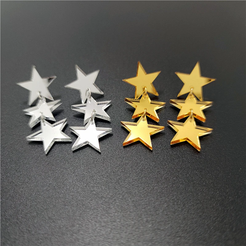 KUGUYS Shiny 3 Stars Earrings for Women Mirror Gold Silver Color Acrylic Jewelry Trendy Fashion Accessories