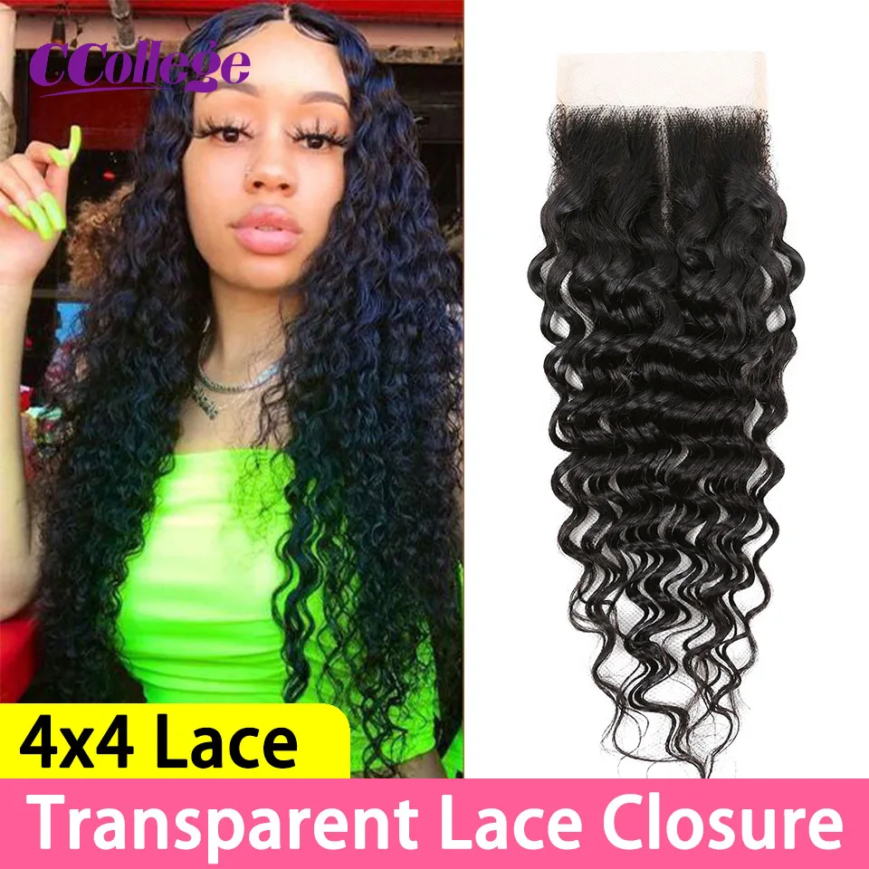 10-22 Inches 4x4 Lace Closure Human Hair Deep Wave Transparent Lace Closure Brazilian Human Hair Can Be Dyed Bleached Remy Hair