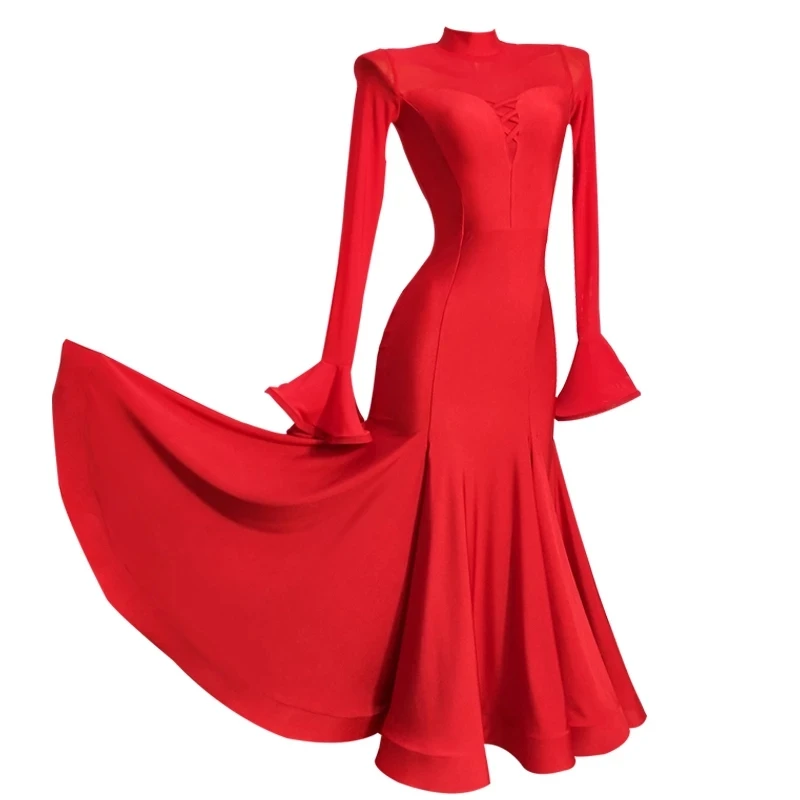 Ballroom Dance Dress For Women Red Long Sleeve Dress National Standard Dance Dress Modern Waltz Ballroom Dancing Clothes