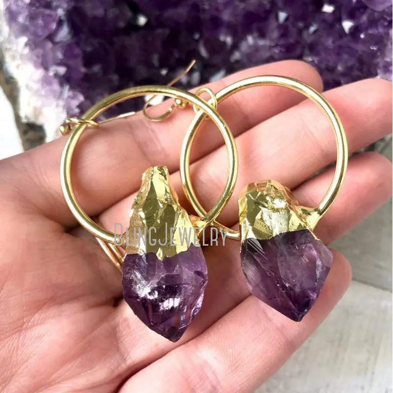 

ER40226 Raw Amethyst Point Hoop Earrings Boho February Birthstone Jewelry for Women