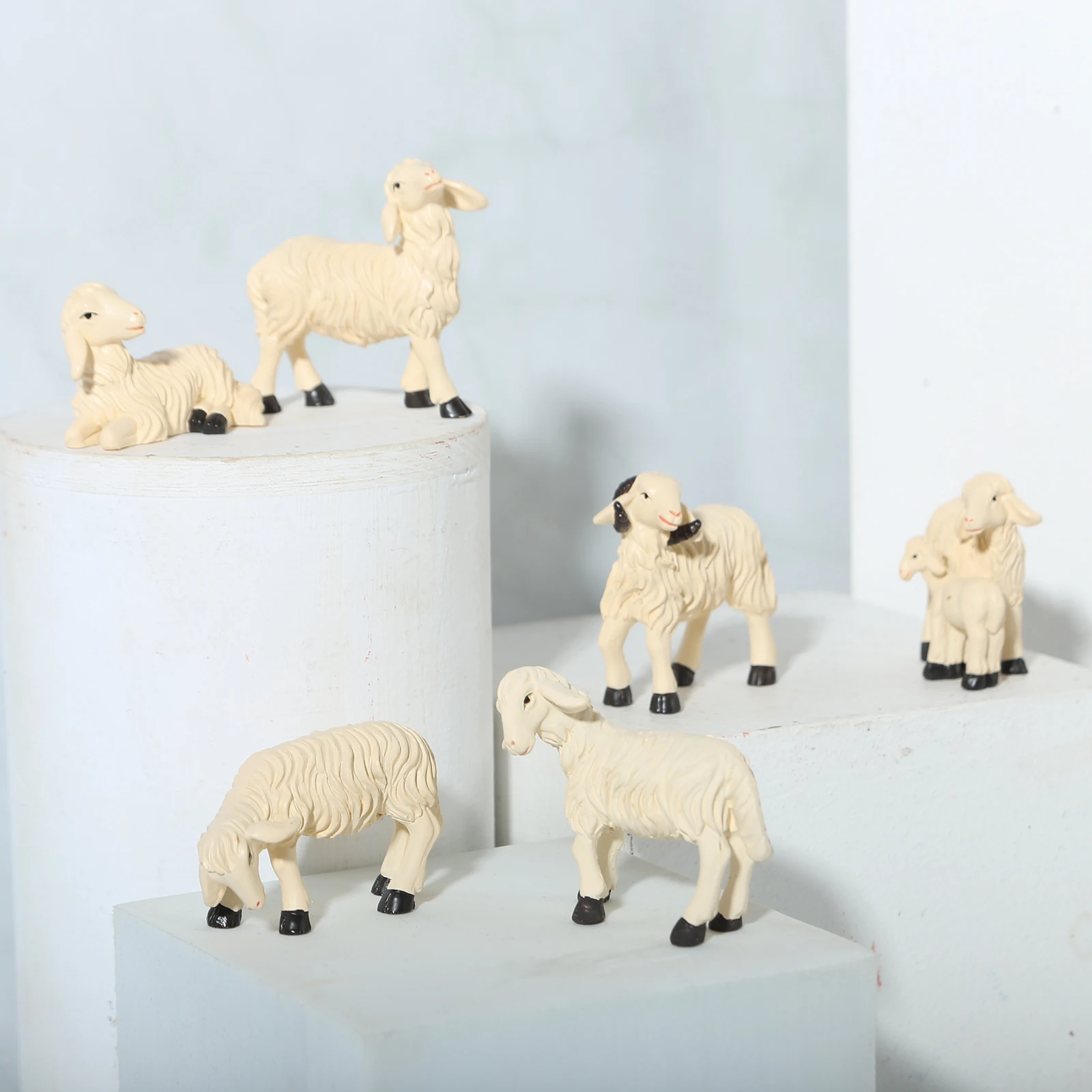 6Pce Animal Sheep Figurine Dollhouse Miniature Ornaments Statue Lamb Toys Fairy Garden Home Decor Terrarium Statues Accessories