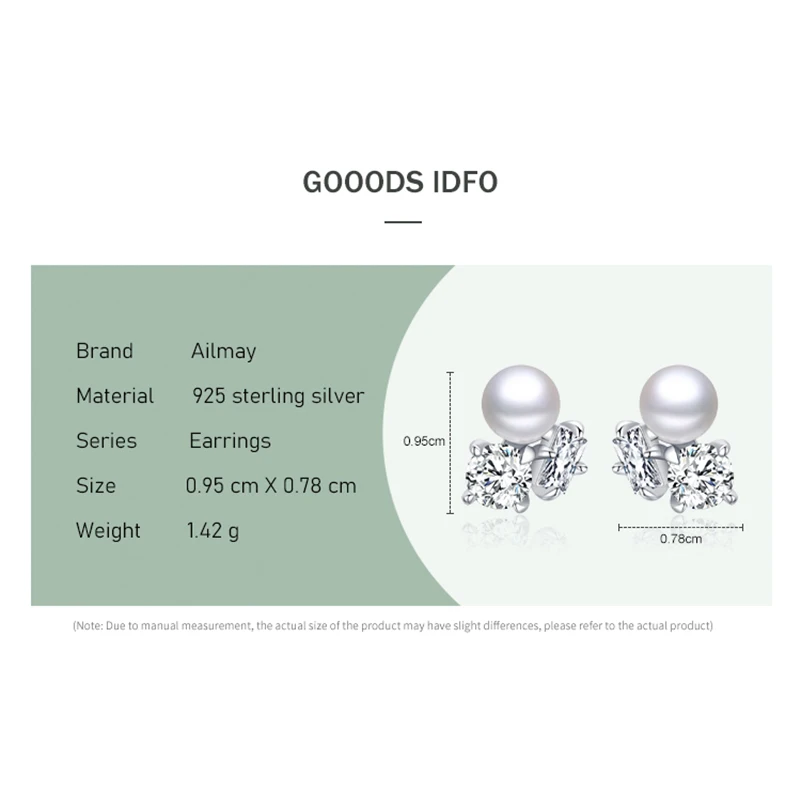 Ailmay Top Quality 925 Sterling Silver Simple Cubic Zirconia Round Pearl Stud Earrings For Women Girls Anti-allergy Fine Jewelry