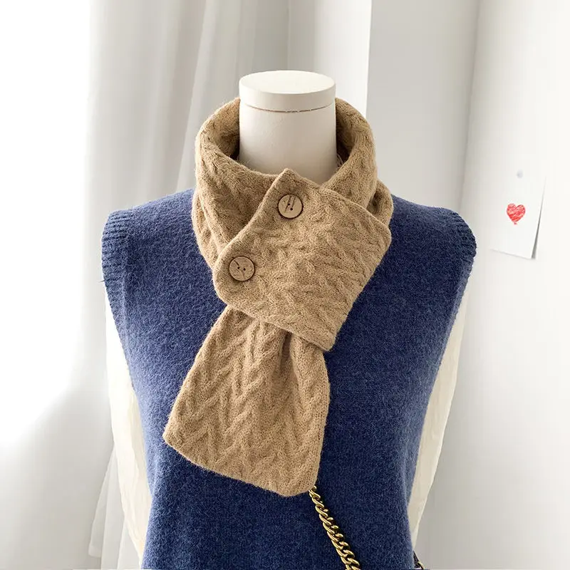 Scarf Women Autumn and Winter Korean Japanese Retro Neck Protection Wild Knitted Wool Scarf Solid Color Warm Scarf Bib Bufandas