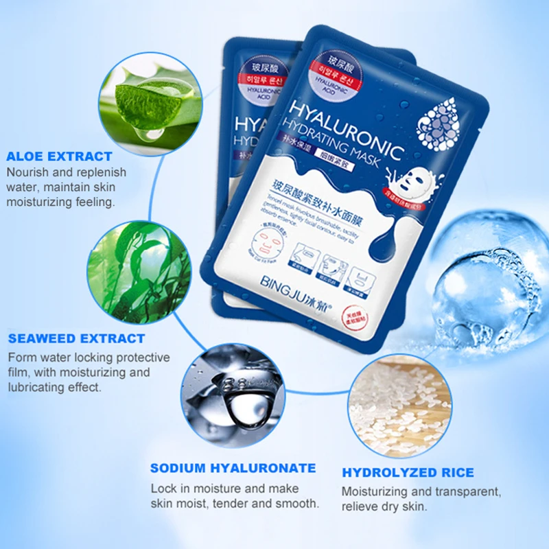 10 Pieces Hyaluronic Acid Facial Mask Sheet Pores Moisturizing Oil-Control Anti-Aging Replenishment Whitening Face Care TSLM1