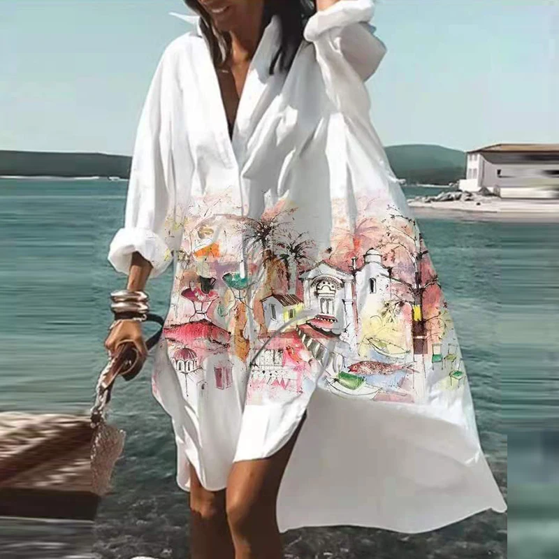 Plus Size Beach Shirt Dress Women Print V-neck Long Sleeve Loose Dress Bohemian Beach Party Vestidos Robe Sundress