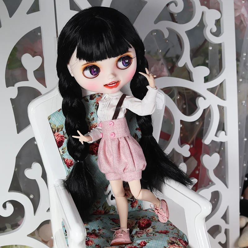 

ICY DBS Blyth doll white skin joint body Mint Black hair Carved lips Smile Matte face.NO.BL117