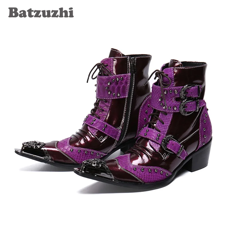 Batzuzhi 6.5cm Heels Punk Botas Hombre Ankle Genuine Leather Boots Men Pointed Metal Toe Motorcycle Men Boots Bota Masculina