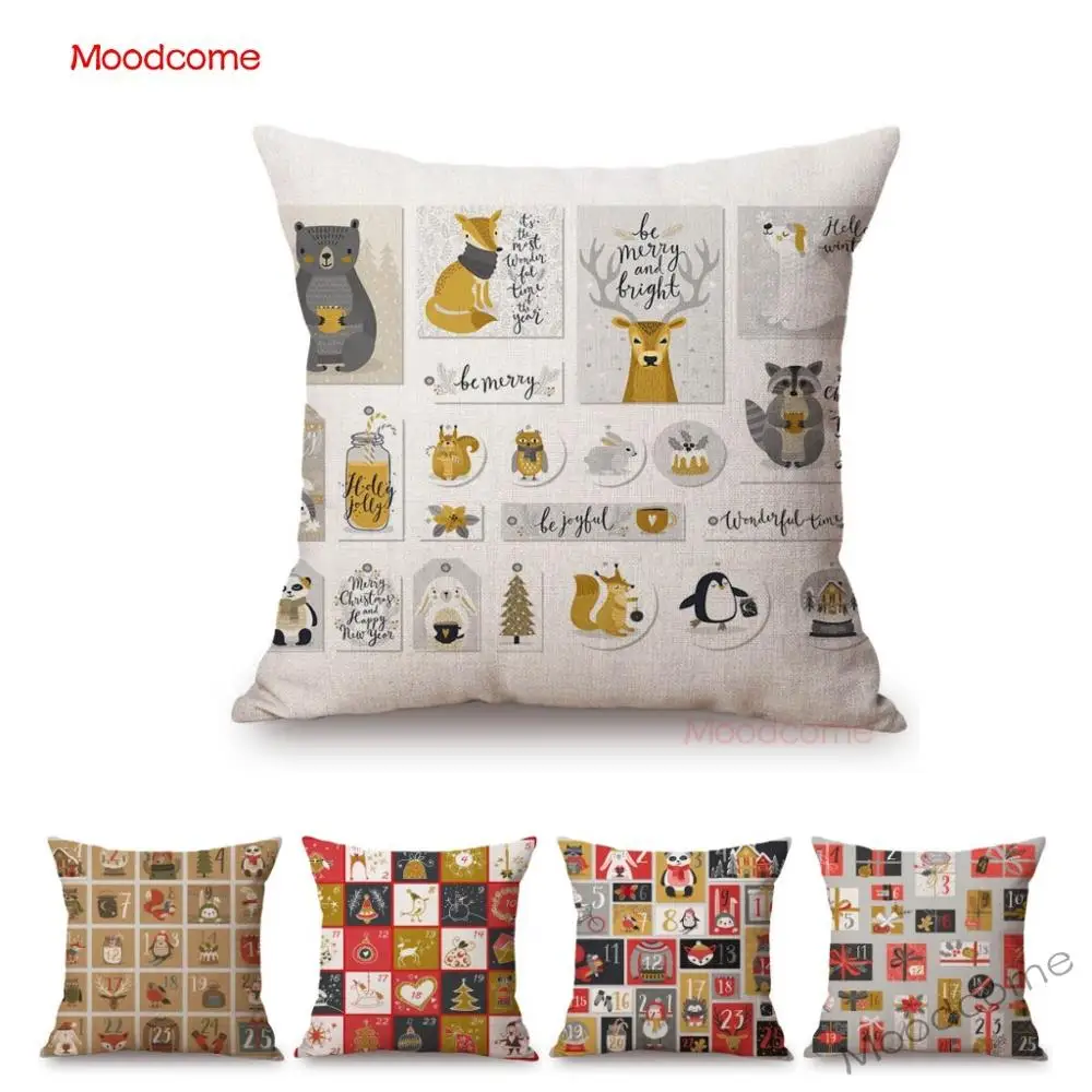 Christmas Calendar Art Cute Woodland Animal Nordic Sofa Throw Pillow Penguin Xmas Tree Deer Bear Forest Animals Art Cushi