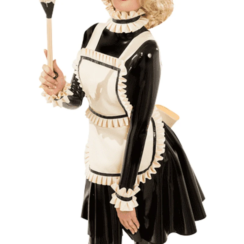 Sexy French Maid Latex Dress With Strips On Big Apron Zipper At Back Rubber Uniform Bodycon Playsuit LYQ-0235 view 4