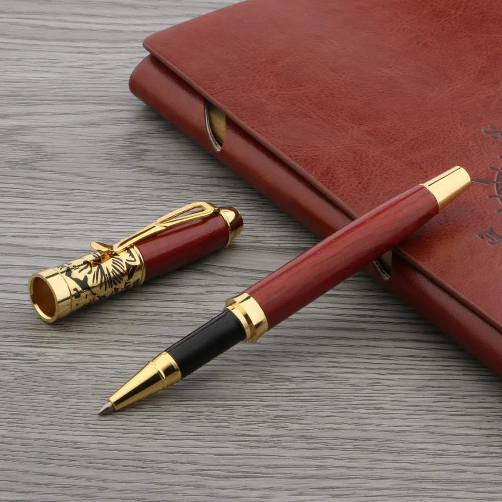 Relief Flower Rollerball Pen Red Wood Golden Trim Stationery Office school supplies Writing Gift