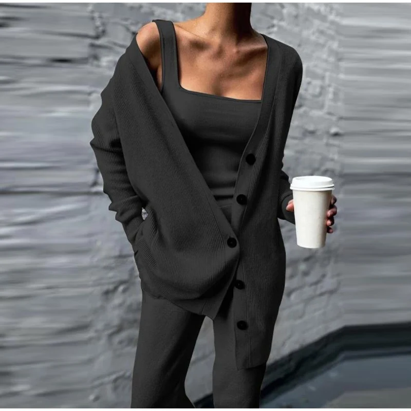 Women Square Collar Vest Long Cardigan Coats Trousers 3PCS Suit Spring Autumn Solid Loose Ladies Matching Sets Loungewear Outfit