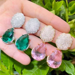 CWWZircon Large Green Pink Water Drop Cubic Zirconia Stone Paved Dangle Earrings for Women Chic Wedding Banquet Jewelry CZ926