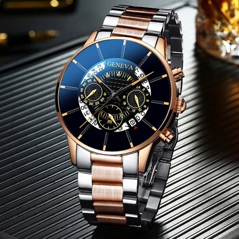 Fashion Mens Quartz Watch Golden Yellow Stainless Steel Luxury Wristwatch Man Business Classic Calendar Clock relogio masculino