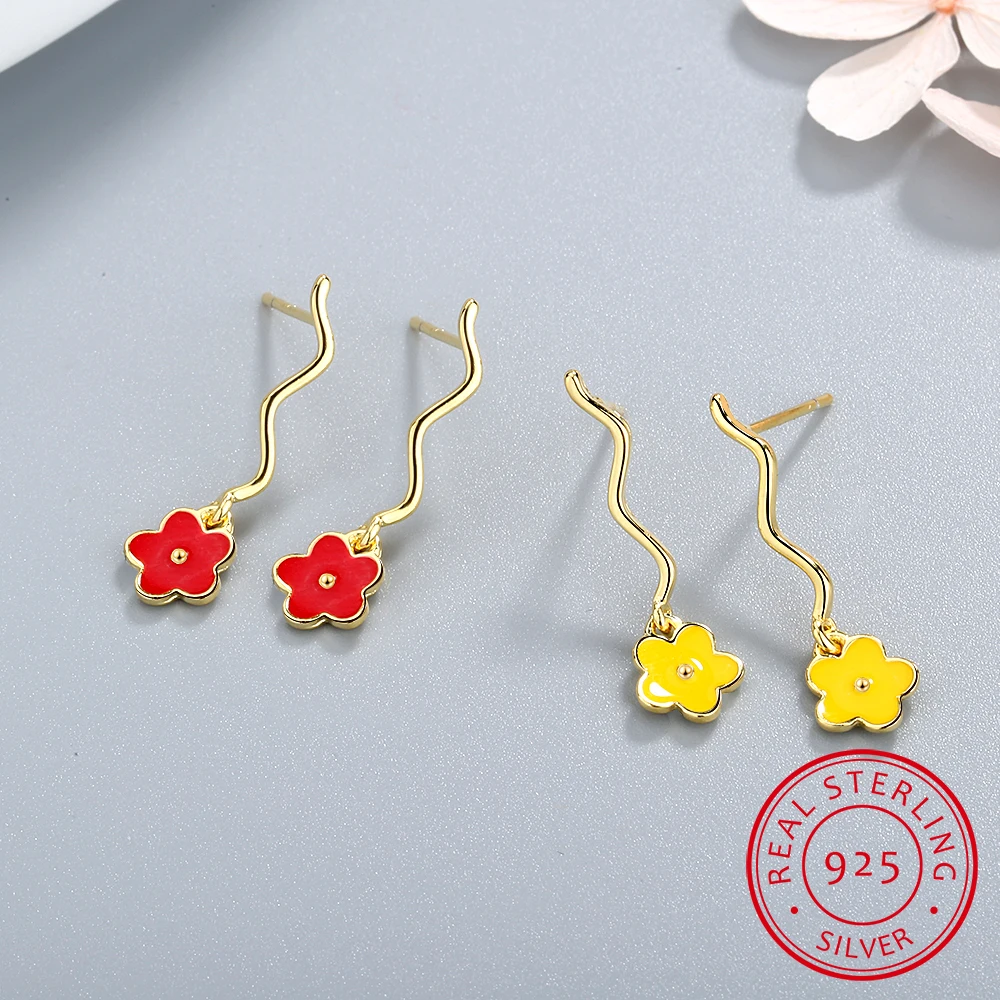 Cute Jewelry Delicate Girl Women Ear Stud Red/Yellow enamel Tiny Flower 925 Sterling Silver wave stud minimalist flower earring