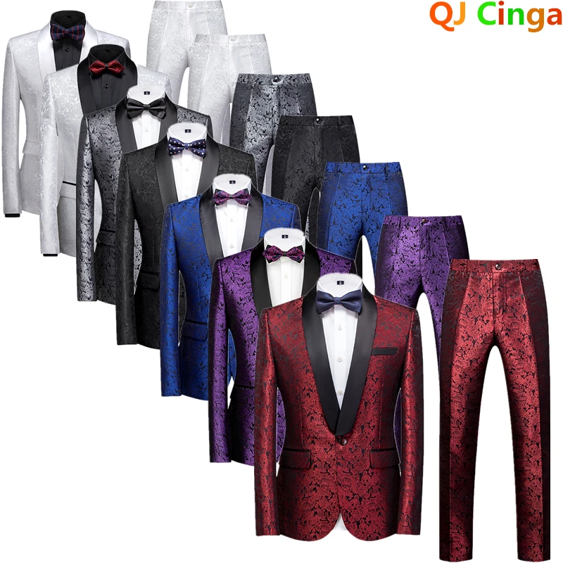 

Black Shawl Collar Suit Two-piece Set for Men's, Wedding Business Dress Coat and Trousers, Red Blue Terno Masculino, Asian size