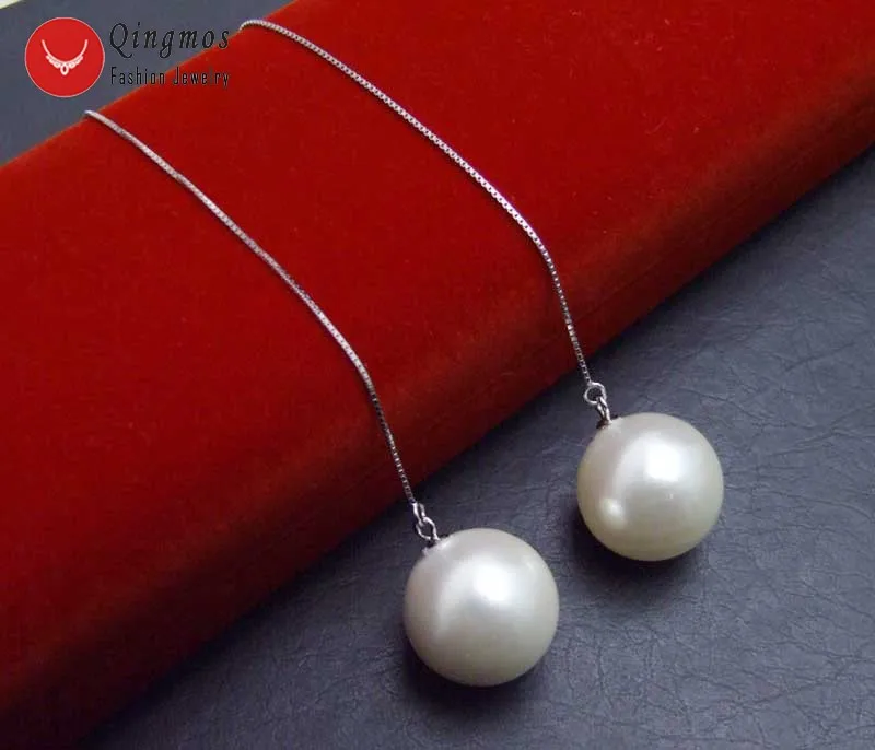 

Qingmos 18mm White Round Sea Shell Pearl Earrings for Women with Genuine Sterling Silver S925 Ear Line 4'' Dangle Earring e664