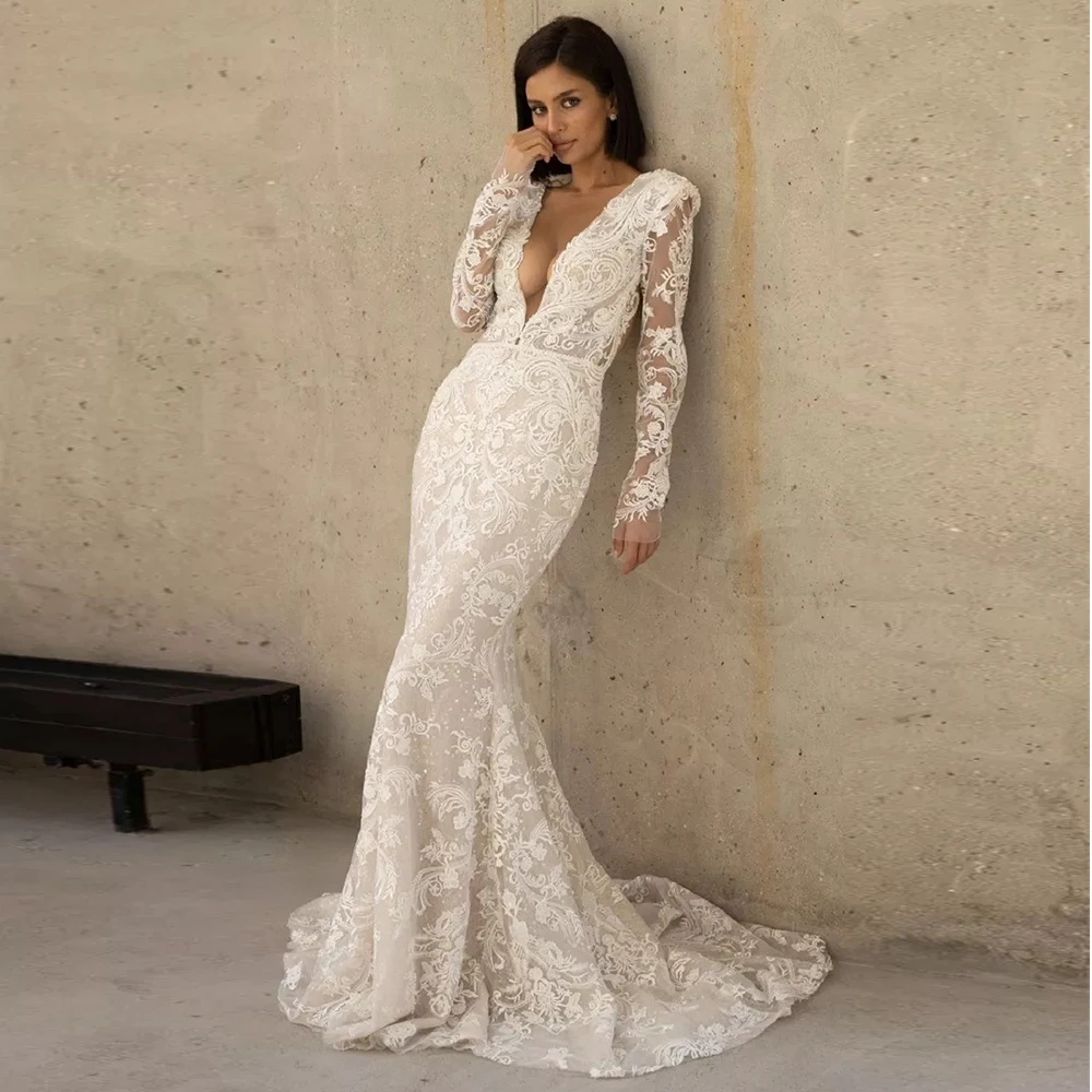 High Qualiy Lace Deep V-Neck Wedding Dresses for Ladies Mermaid Bridal Gowns 2022 Court Train Fulle Sleeve свадебное платье