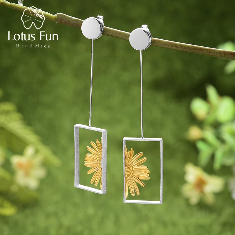 Lotus Fun Daisy in the Sun Flower Rectangle Dangle Earrings Real 925 Sterling Silver Earrings for Women Handmade Fine Jewelry