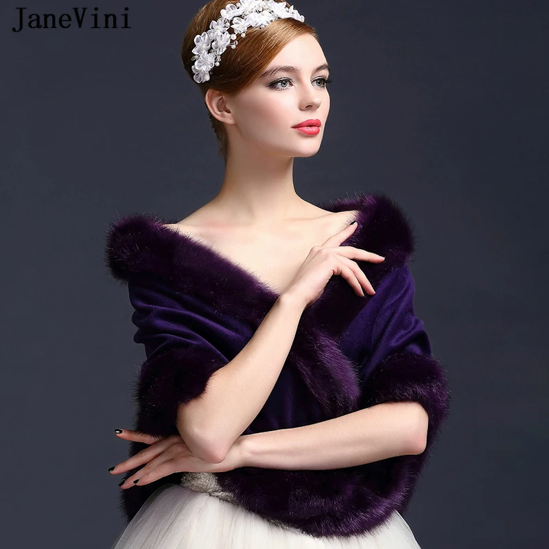 JaneVini-Bolero De Novia púrpura De piel sintética para mujer, capa suave, chal, abrigo, Chaqueta De Novia, invierno, 2021