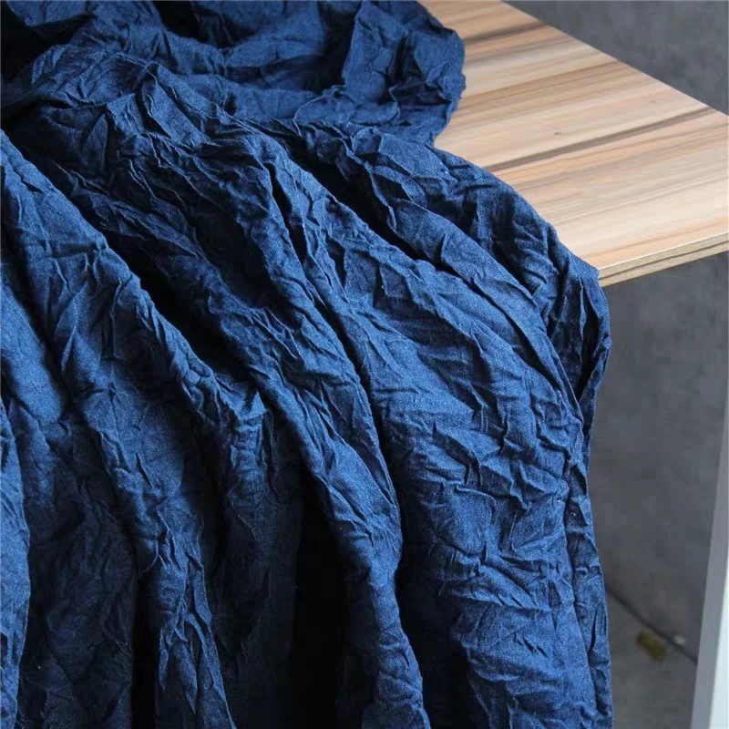 Blue Pleated Denim Cotton Fabric Microfolds DIY Patchwork Patches Jeans Jacket Coat Trousers Clothing Designer Fabric