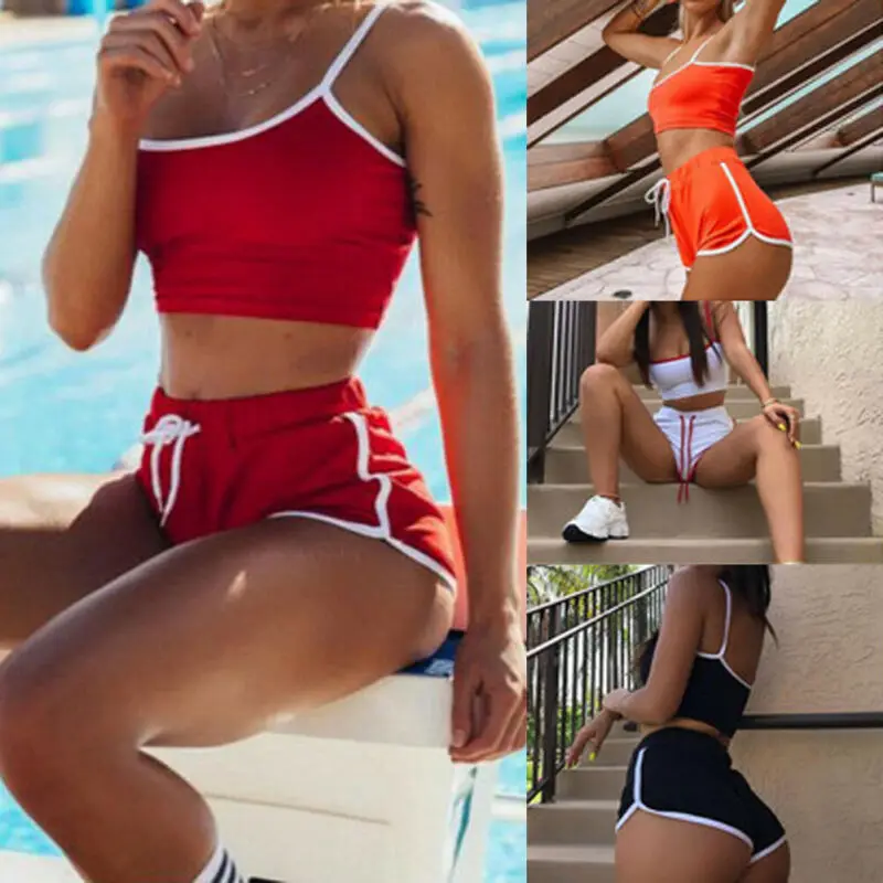 Fashion Summer Women Sets Sexy Vest Shorts Skinny Crop Top Bottons 2Pcs Yoga Suit Workout Gym Running Sports Bra Athletic Set