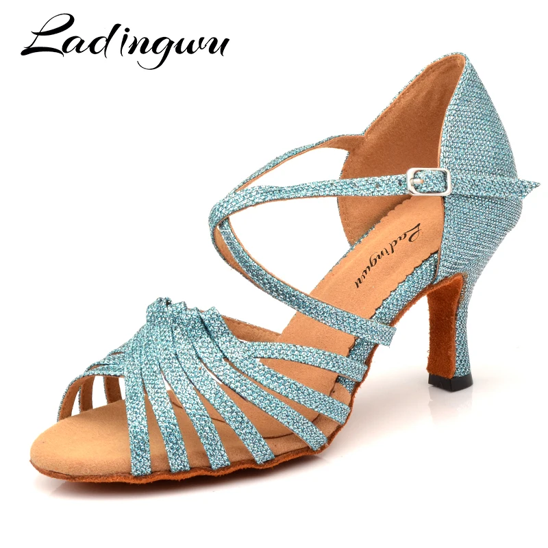 Ladingwu Hot Salsa Dance Shoes Women Light Blue Glitter cloth Latin Ballroom Party Soft Bottom Dance Shoes Heel 6-10cm