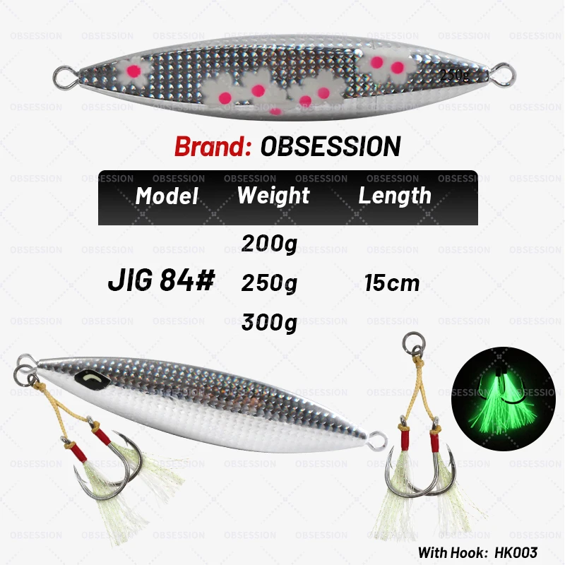 200g 250g 300g Slow Fall Jigging Lure Angler Sinking Luminous Flowers Metal Jigs Deep Sea Fishing Lure Glow Artificial Bait Hook