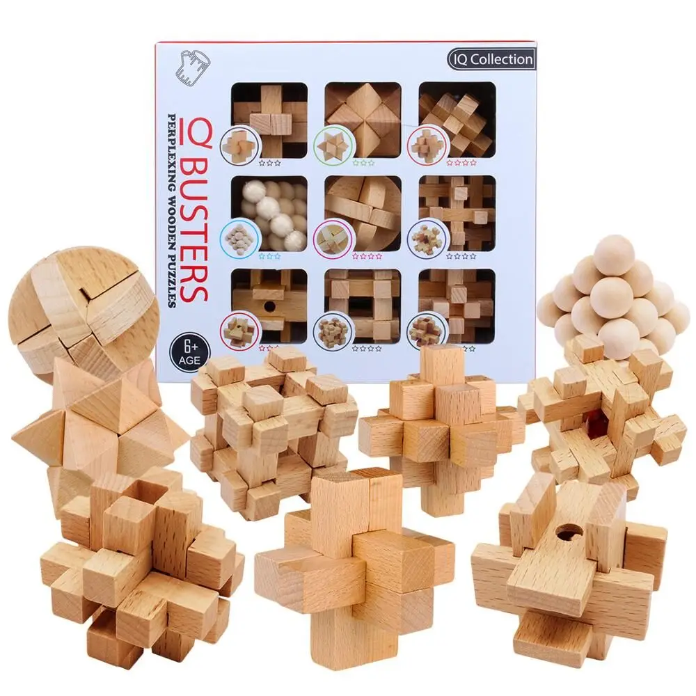 9PCS/Set IQ Wooden Burr Puzzle Educational Brain Teaser Puzzles Game for Adults Children