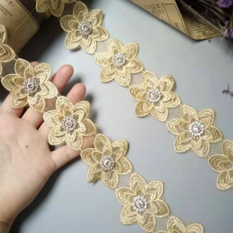 

2 yard Polyester Gold 3D Flowers Embroidered African Lace Trim Ribbon Fabric Handmade Sewing Craft For Costume Decoration New