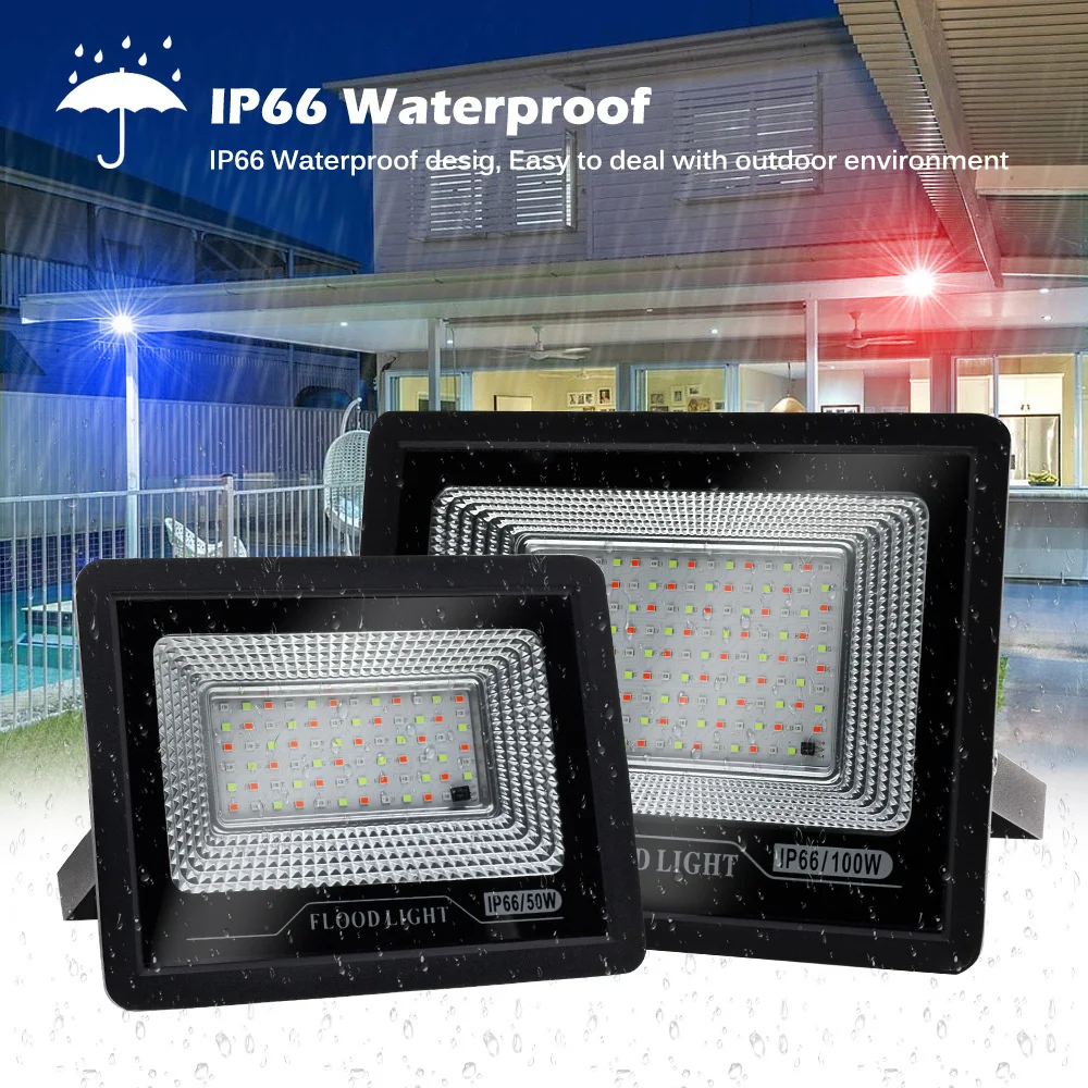 10pcs RGB Colorful Outdoor Waterproof Colorful 100W 50w  Spotlight Garden Solar LED Flood Lights Remote Control